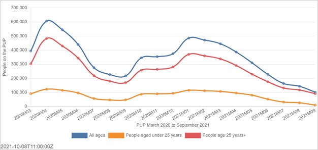 Graph showing numbers on PUP per month over program duration broken down by age